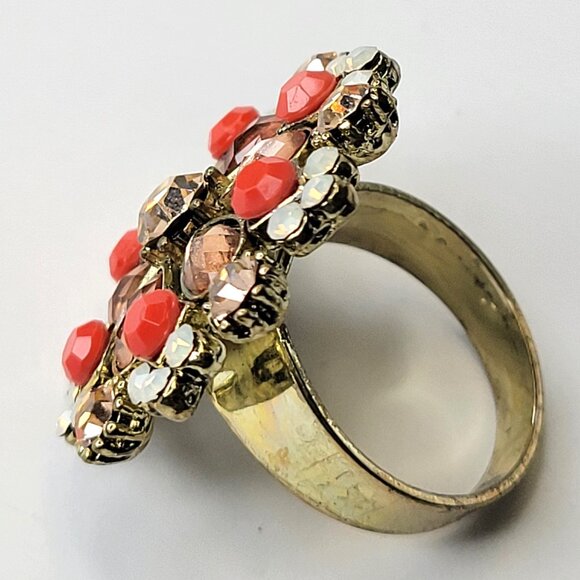 Coral and White Flower Ring,Crystal Floral Ring, Adjustable Flower Ring - Picture 5 of 14